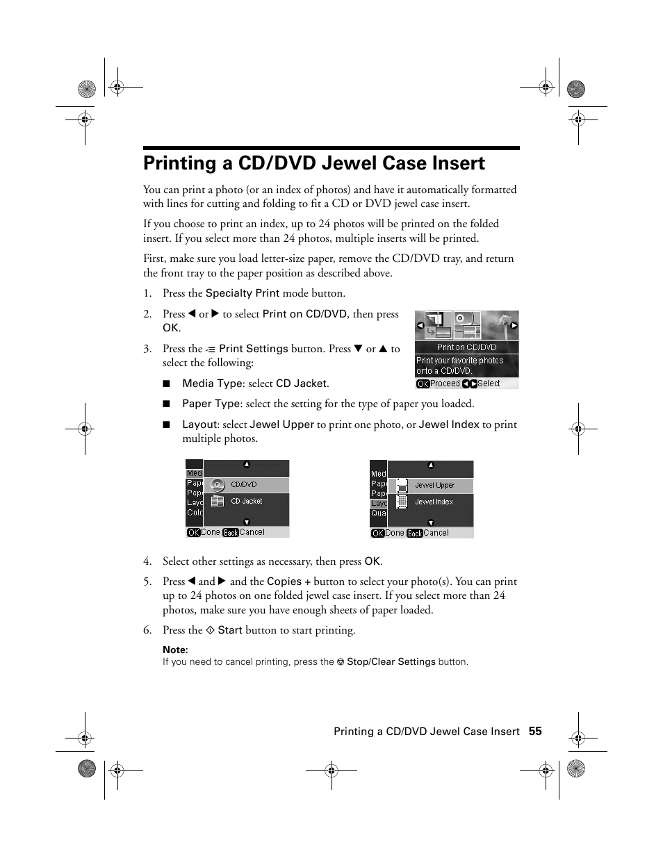 Printing a cd/dvd jewel case insert | Epson Stylus Photo RX580 User Manual | Page 55 / 95