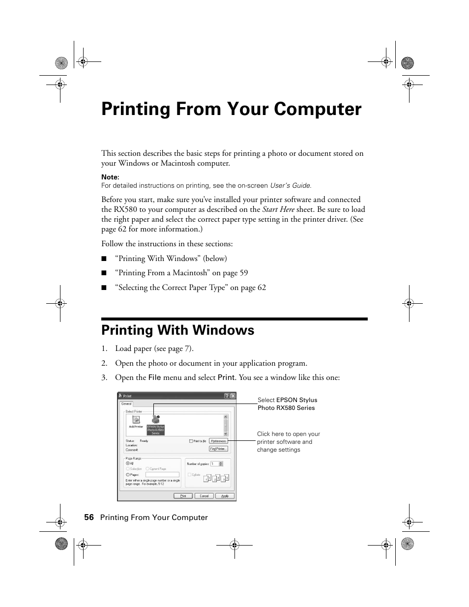 Printing from your computer, Printing with windows | Epson Stylus Photo RX580 User Manual | Page 56 / 95