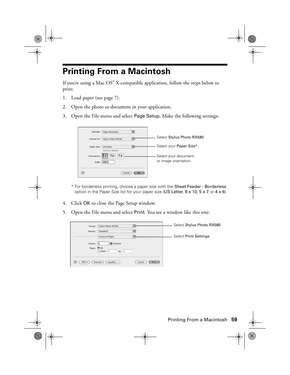 Printing from a macintosh | Epson Stylus Photo RX580 User Manual | Page 59 / 95