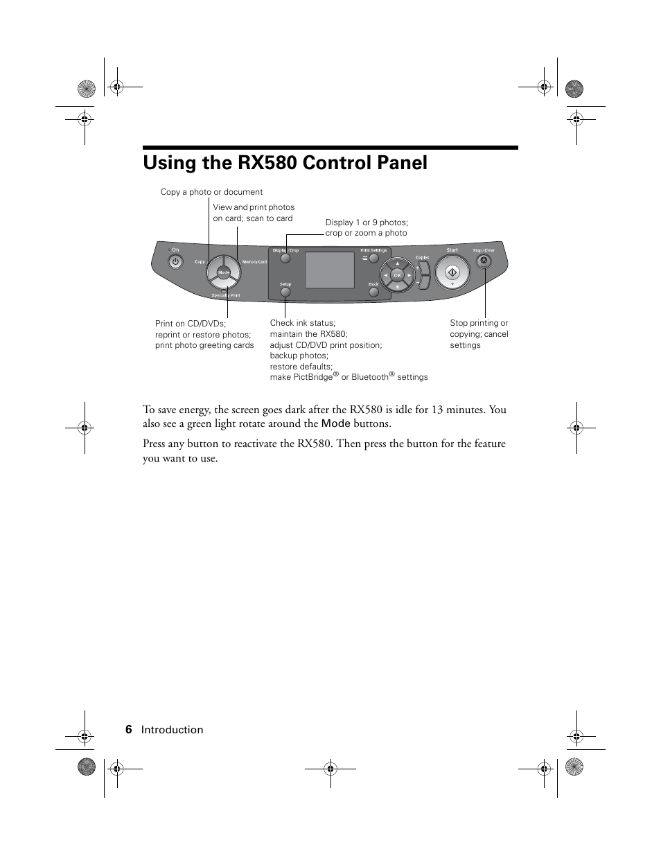 Using the rx580 control panel | Epson Stylus Photo RX580 User Manual | Page 6 / 95