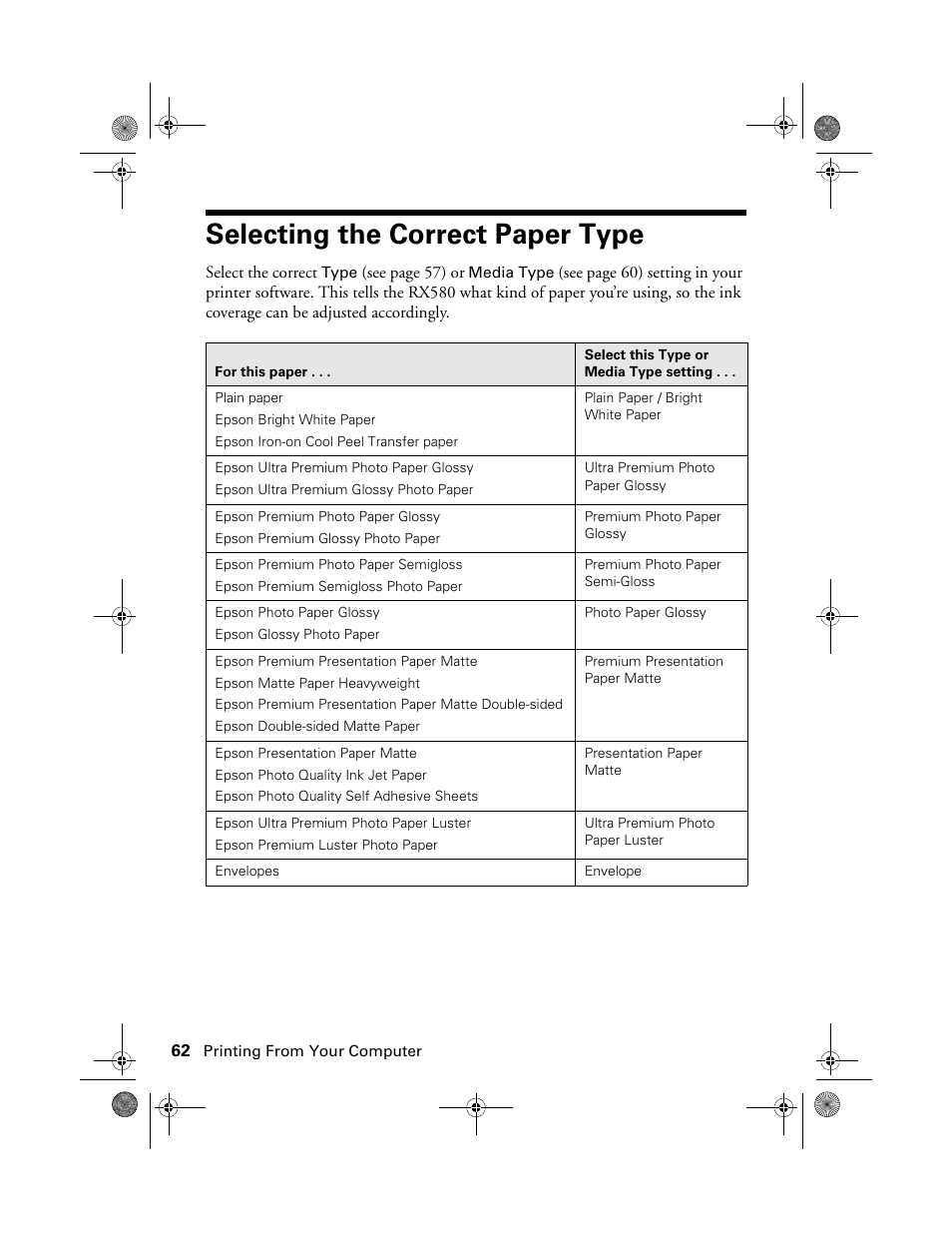 Selecting the correct paper type | Epson Stylus Photo RX580 User Manual | Page 62 / 95