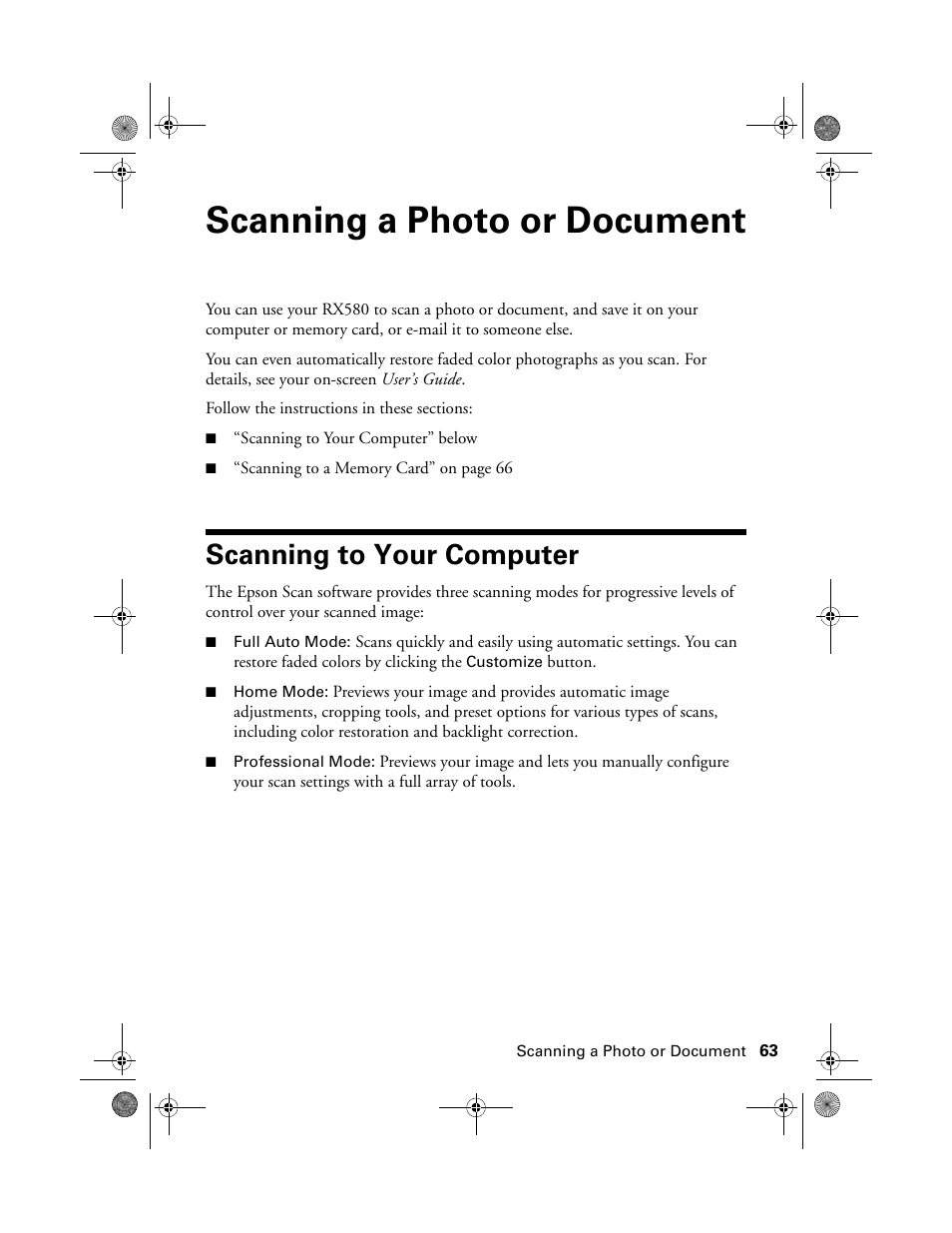 Scanning a photo or document, Scanning to your computer | Epson Stylus Photo RX580 User Manual | Page 63 / 95