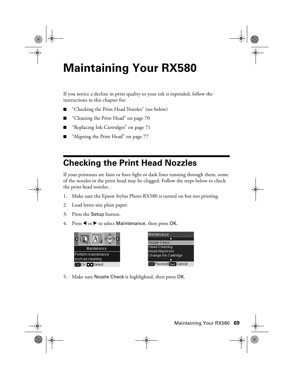 Maintaining your rx580, Checking the print head nozzles | Epson Stylus Photo RX580 User Manual | Page 69 / 95