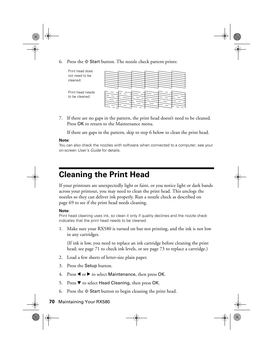 Cleaning the print head | Epson Stylus Photo RX580 User Manual | Page 70 / 95