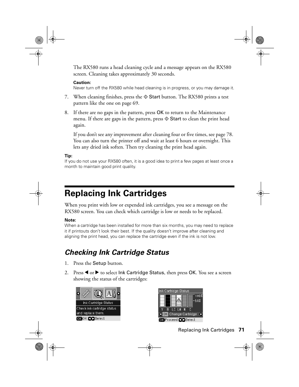 Replacing ink cartridges, Checking ink cartridge status | Epson Stylus Photo RX580 User Manual | Page 71 / 95