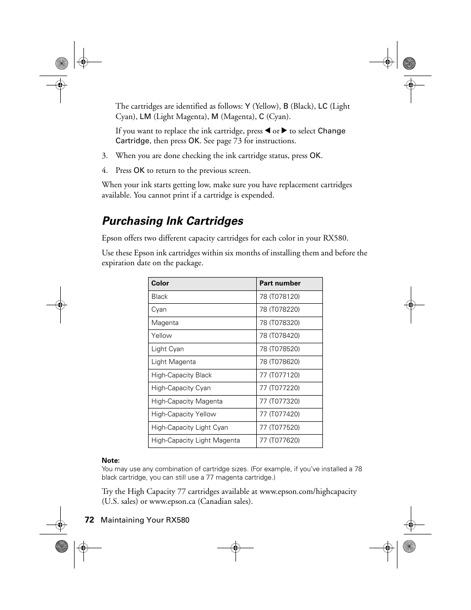 Purchasing ink cartridges | Epson Stylus Photo RX580 User Manual | Page 72 / 95