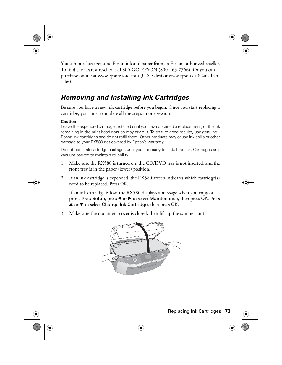 Removing and installing ink cartridges | Epson Stylus Photo RX580 User Manual | Page 73 / 95