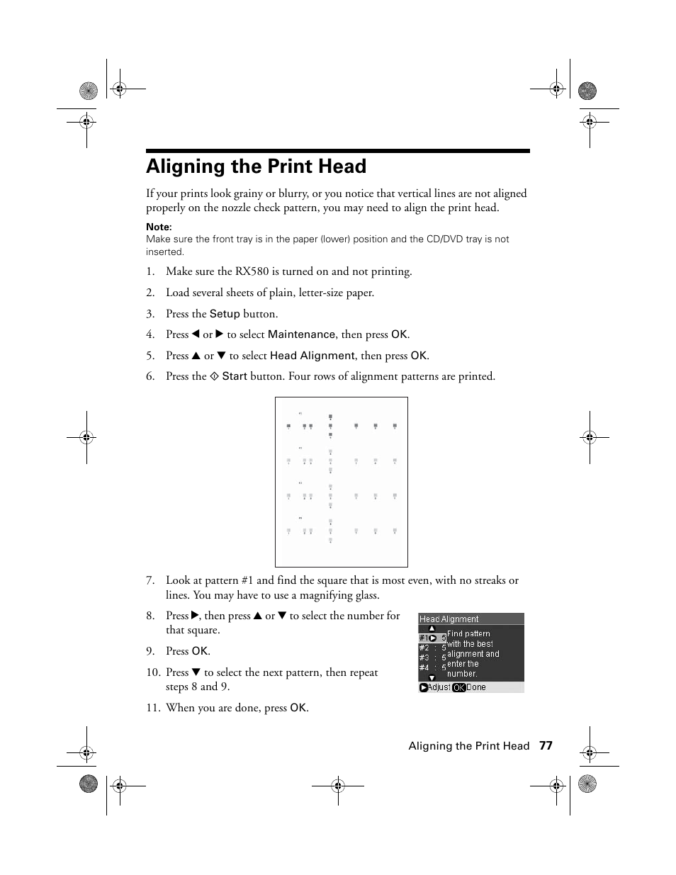 Aligning the print head | Epson Stylus Photo RX580 User Manual | Page 77 / 95