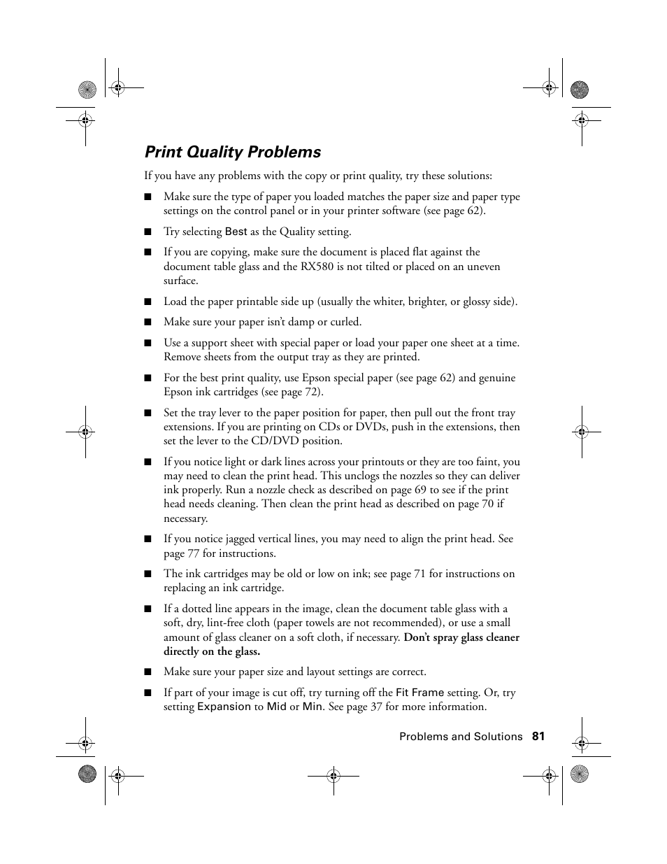 Print quality problems | Epson Stylus Photo RX580 User Manual | Page 81 / 95