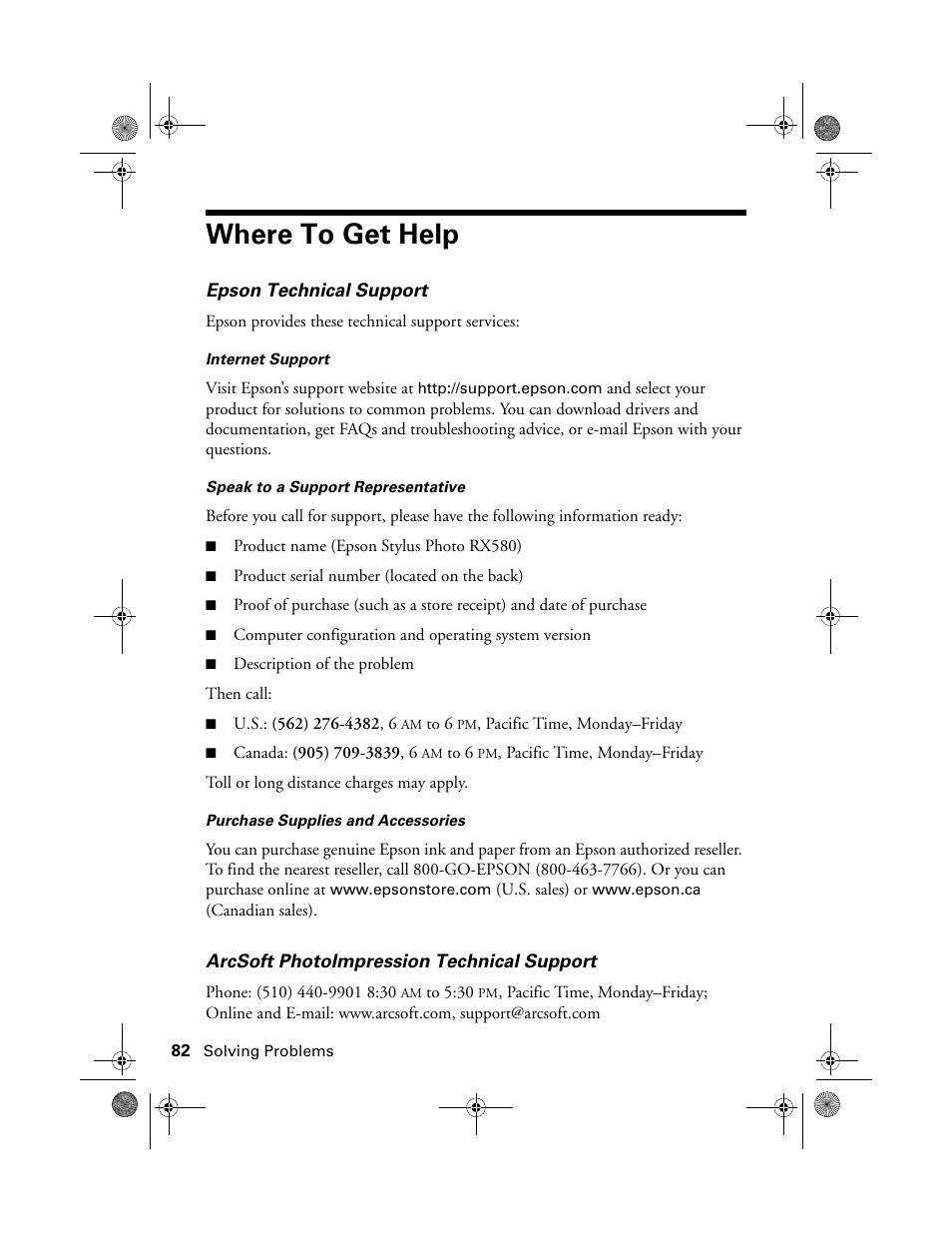 Where to get help | Epson Stylus Photo RX580 User Manual | Page 82 / 95