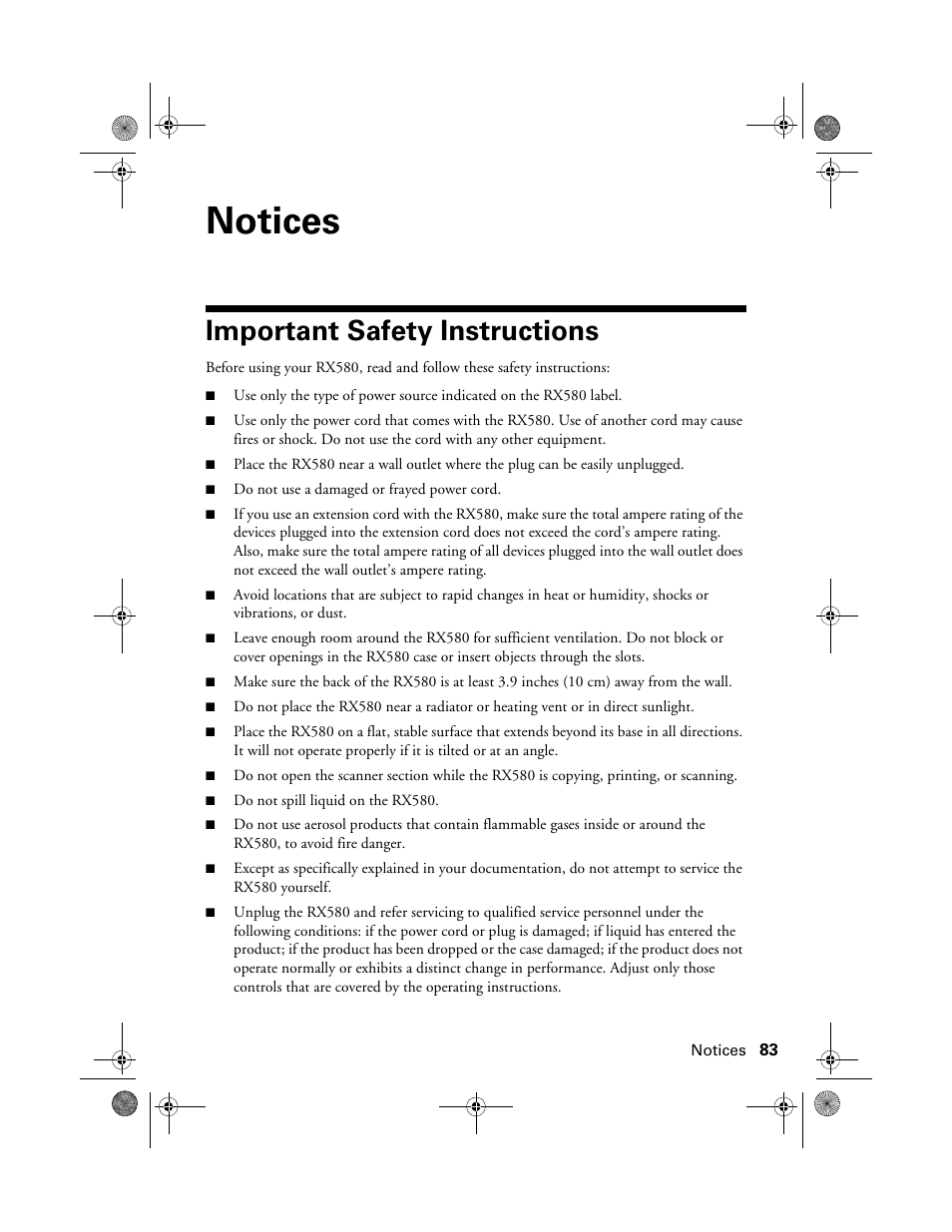 Notices, Important safety instructions | Epson Stylus Photo RX580 User Manual | Page 83 / 95