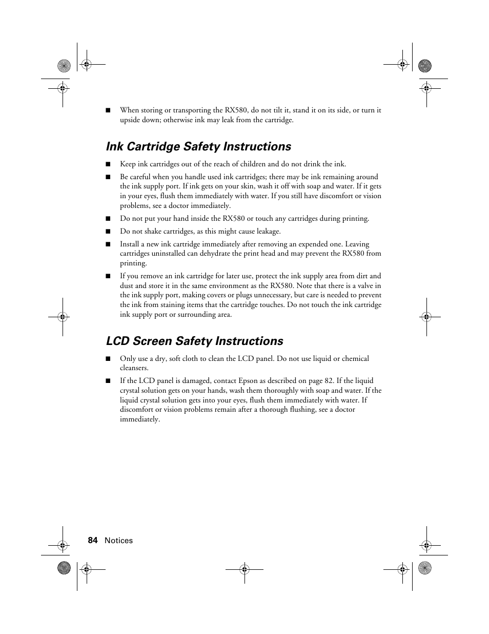 Ink cartridge safety instructions, Lcd screen safety instructions | Epson Stylus Photo RX580 User Manual | Page 84 / 95