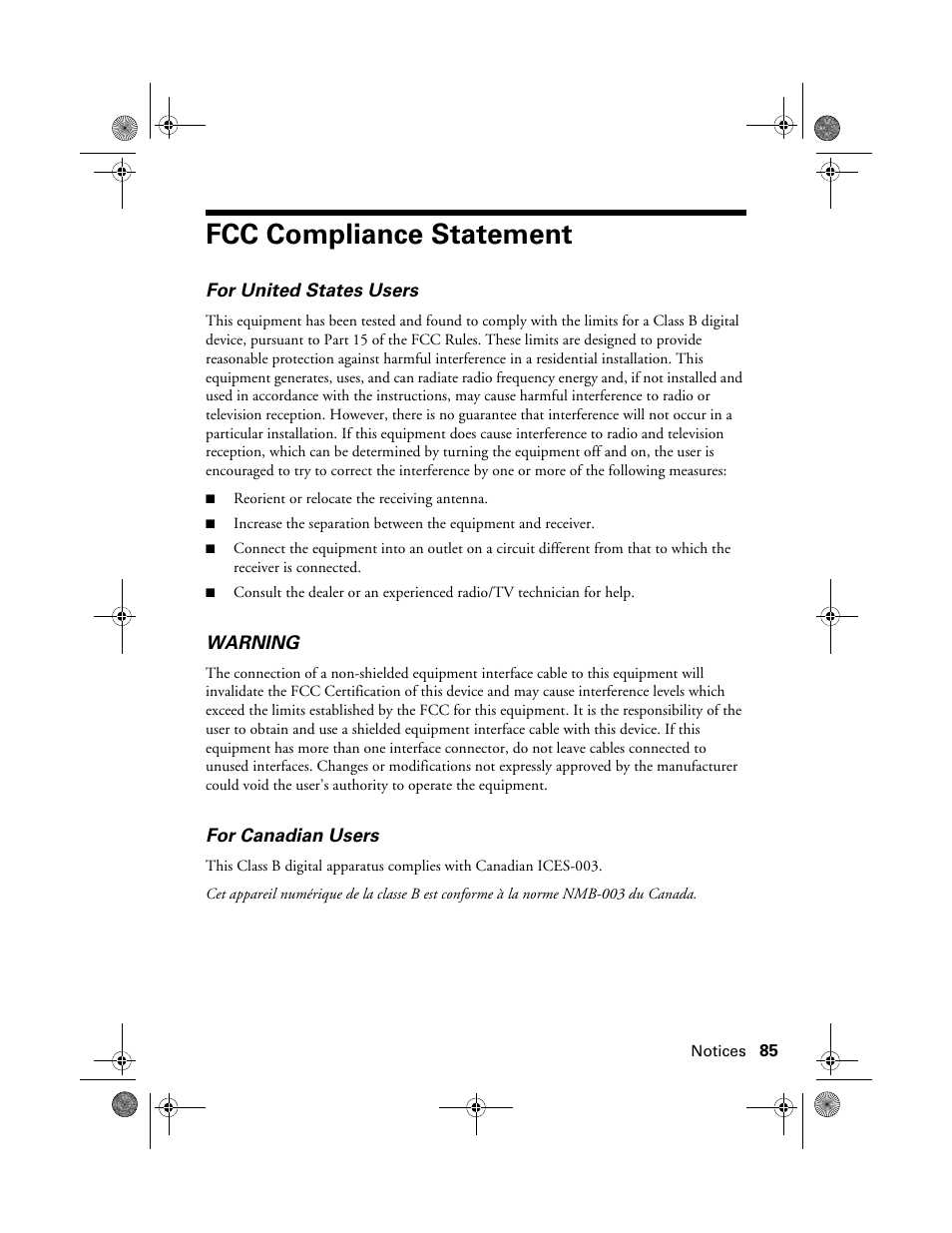 Fcc compliance statement | Epson Stylus Photo RX580 User Manual | Page 85 / 95