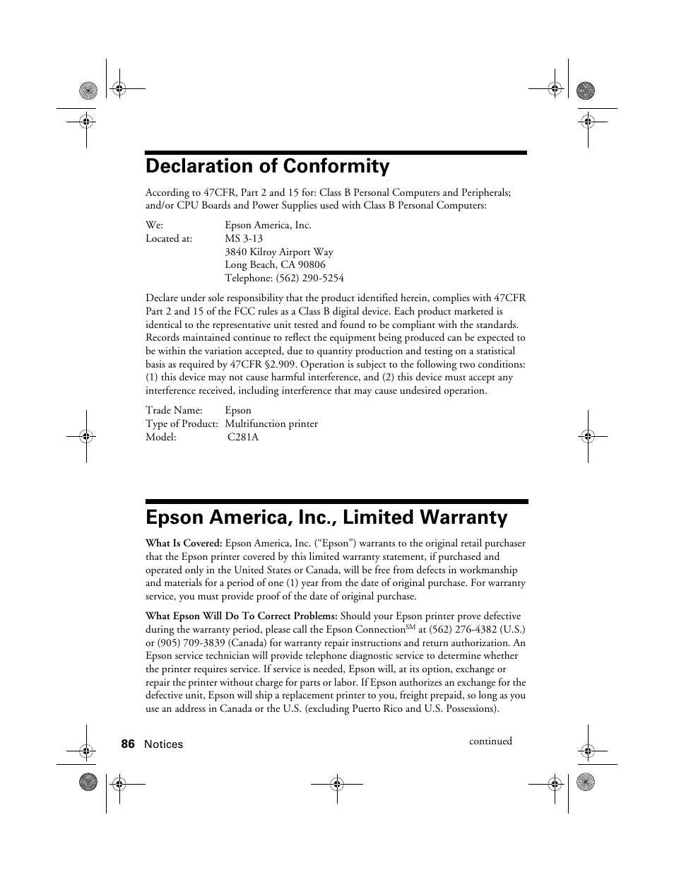 Declaration of conformity, Epson america, inc., limited warranty, Warranty | Epson Stylus Photo RX580 User Manual | Page 86 / 95