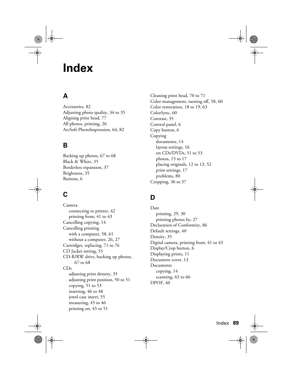 Index | Epson Stylus Photo RX580 User Manual | Page 89 / 95