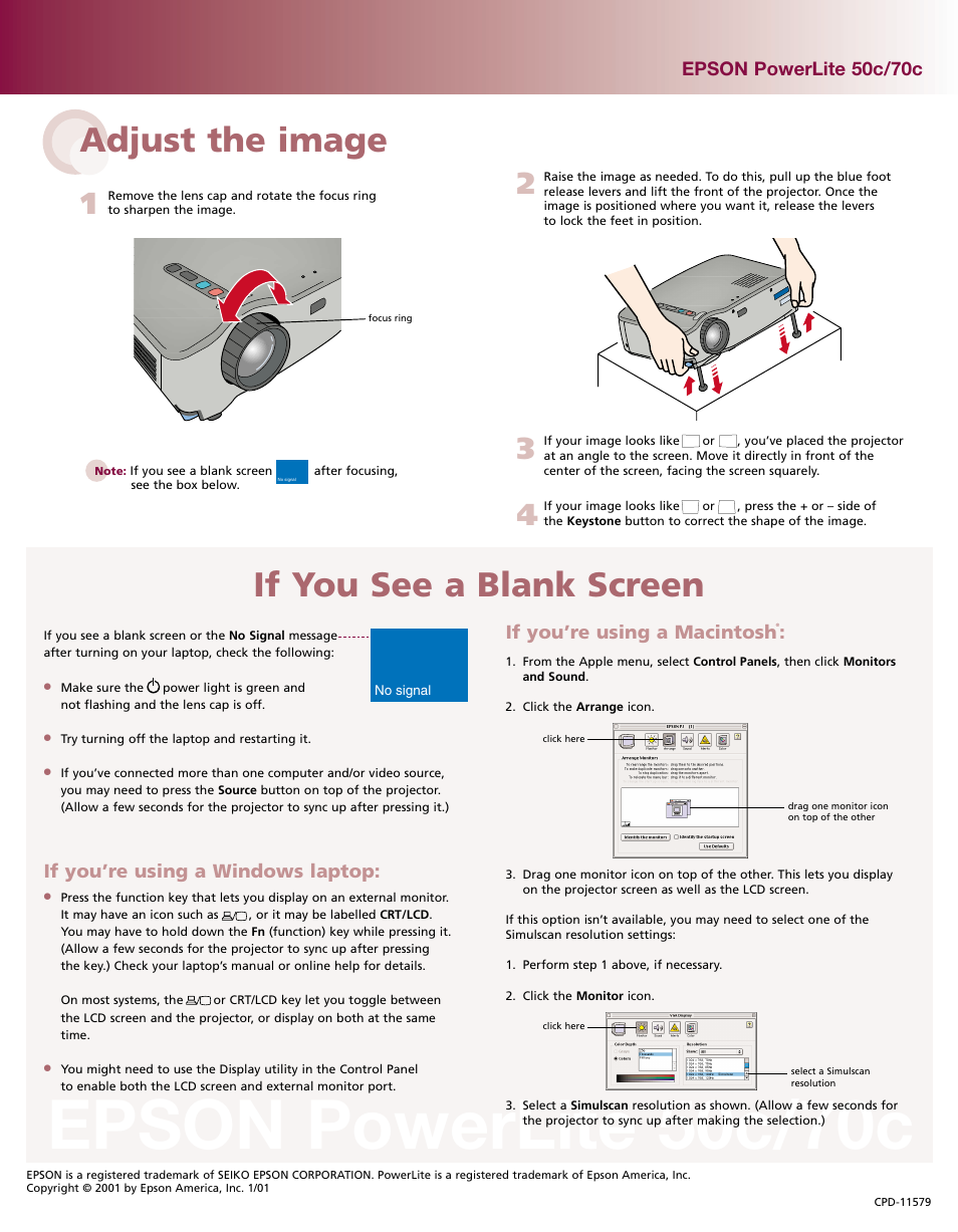 Epson powerlite 50c/70c, Adjust the image, If you see a blank screen | Epson 50c User Manual | Page 2 / 2