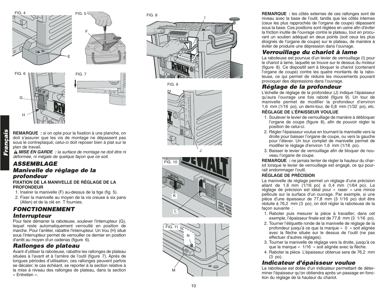 Français, Assemblage manivelle de réglage de la profondeur, Fonctionnement interrupteur | Rallonges de plateau, Verrouillage du chariot à lame, Réglage de la profondeur, Indicateur d’épaisseur voulue | Epson DW734 User Manual | Page 12 / 25