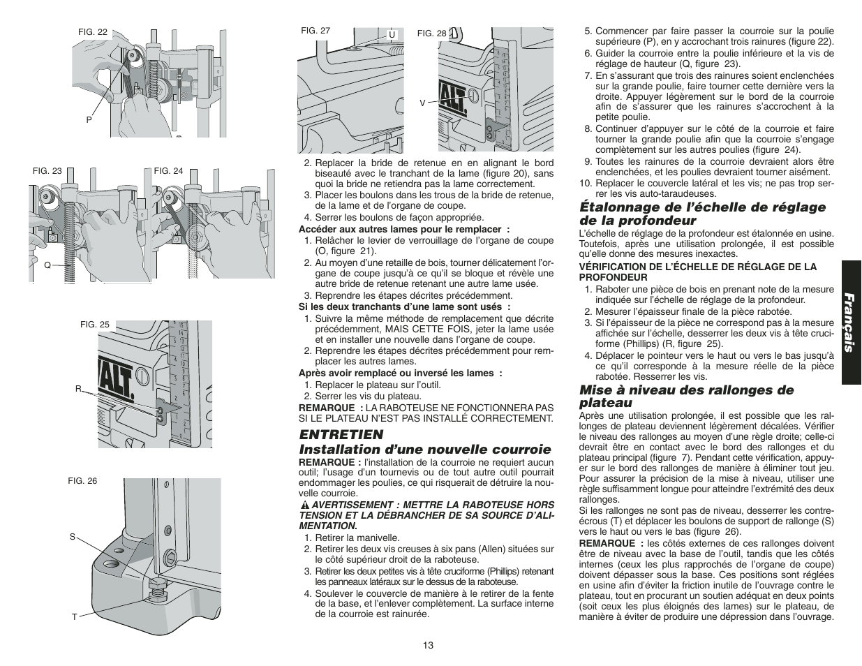 Français, Entretien installation d’une nouvelle courroie, Mise à niveau des rallonges de plateau | Epson DW734 User Manual | Page 15 / 25