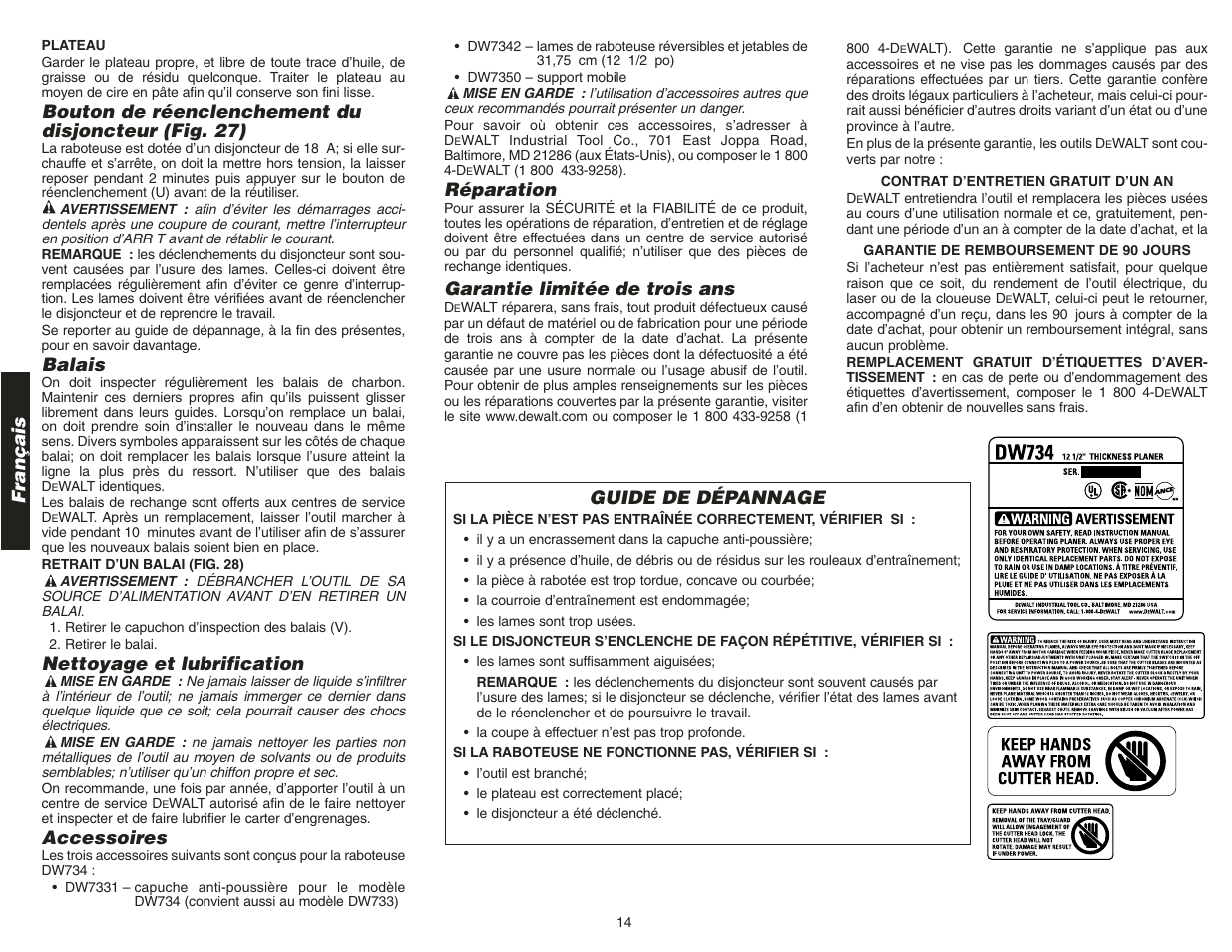 Français, Bouton de réenclenchement du disjoncteur (fig. 27), Balais | Nettoyage et lubrification, Accessoires, Réparation, Garantie limitée de trois ans, Guide de dépannage | Epson DW734 User Manual | Page 16 / 25