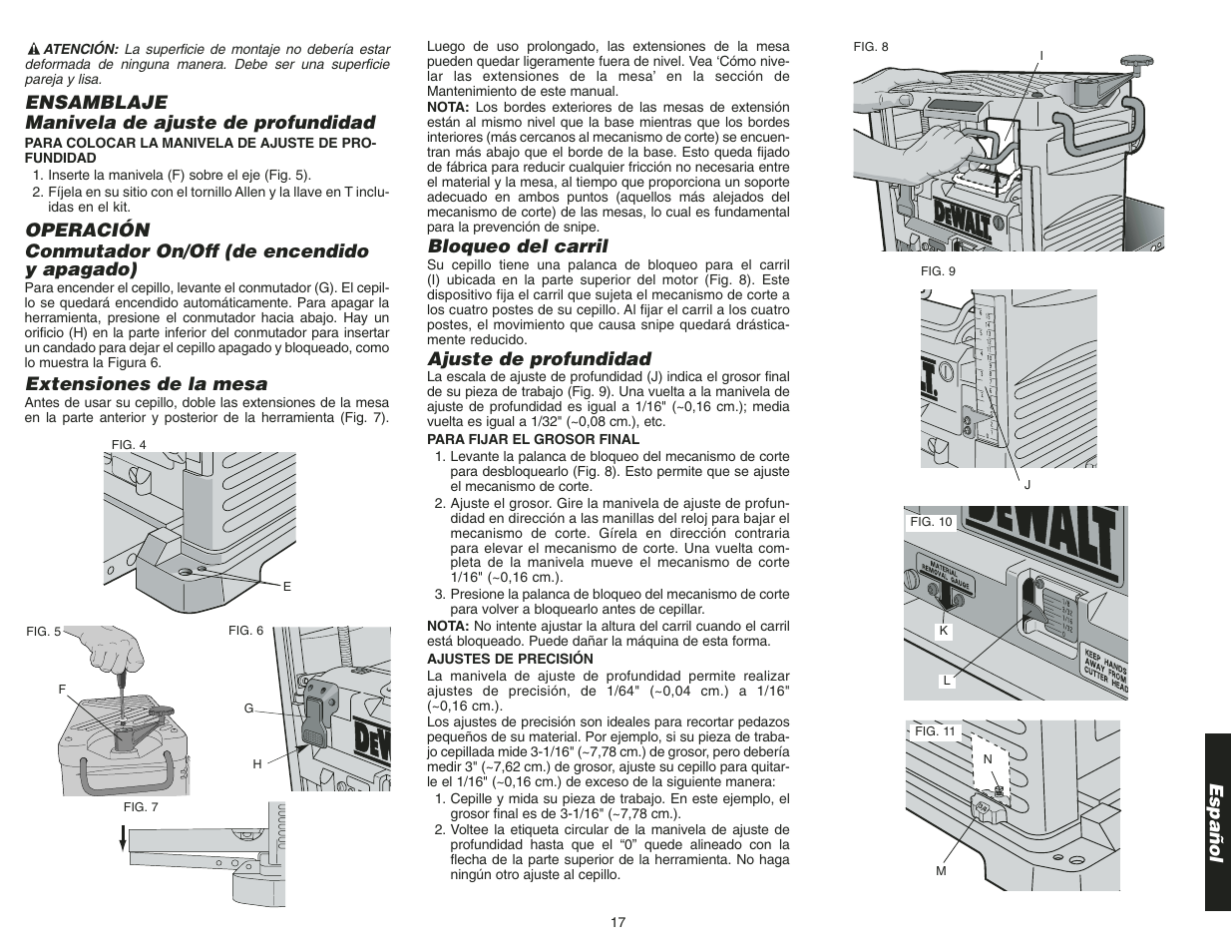 Español, Bloqueo del carril, Ajuste de profundidad | Ensamblaje manivela de ajuste de profundidad, Extensiones de la mesa | Epson DW734 User Manual | Page 19 / 25