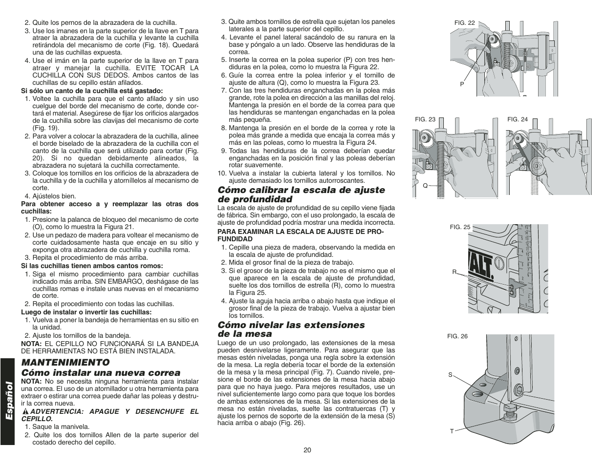 Español, Cómo calibrar la escala de ajuste de profundidad, Cómo nivelar las extensiones de la mesa | Mantenimiento cómo instalar una nueva correa | Epson DW734 User Manual | Page 22 / 25