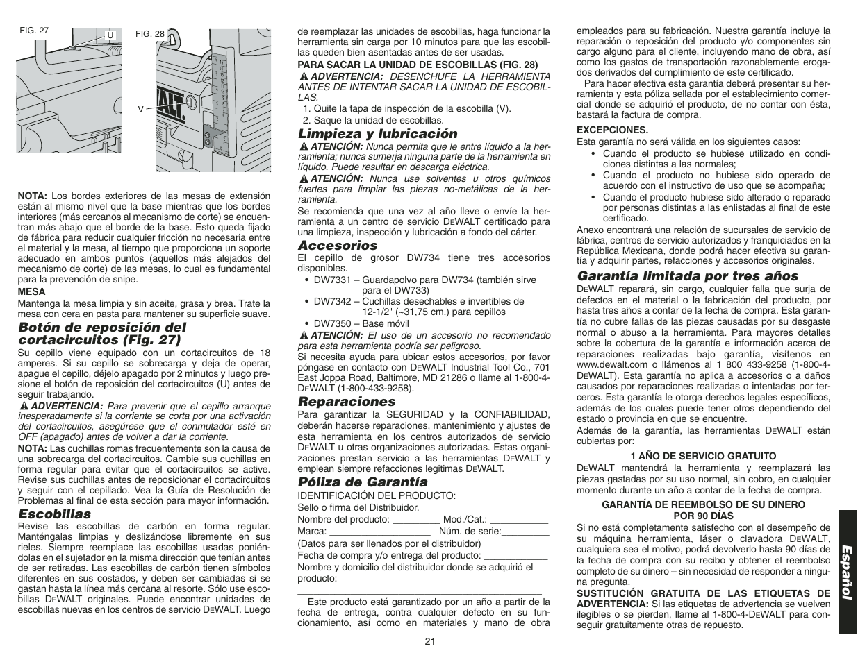 Español, Botón de reposición del cortacircuitos (fig. 27), Escobillas | Limpieza y lubricación, Accesorios, Reparaciones, Póliza de garantía, Garantía limitada por tres años | Epson DW734 User Manual | Page 23 / 25
