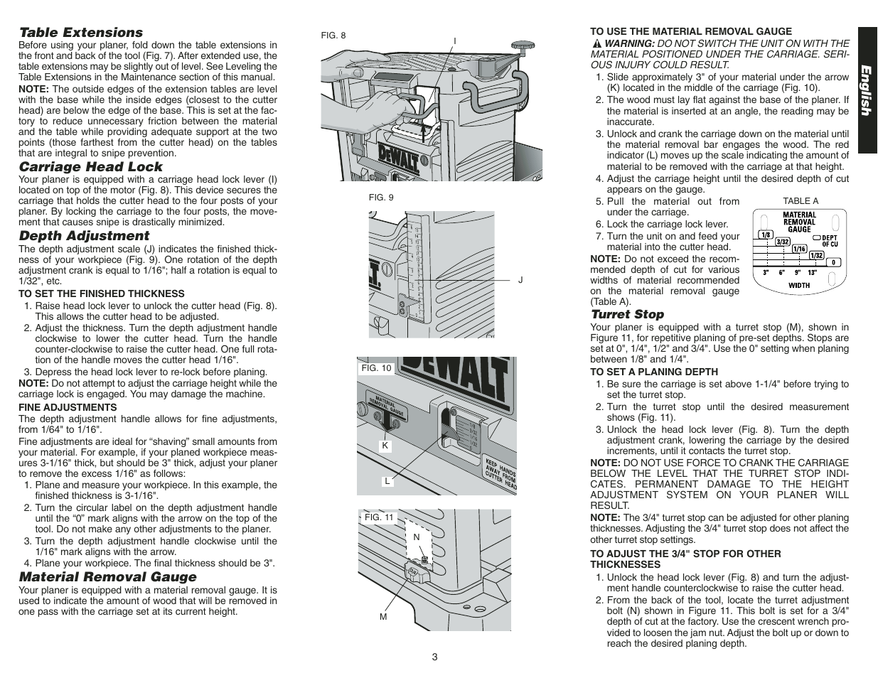 English, Table extensions, Carriage head lock | Depth adjustment, Material removal gauge | Epson DW734 User Manual | Page 5 / 25