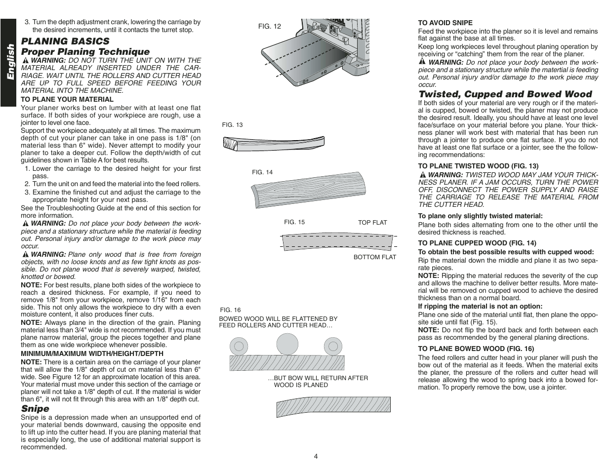 English, Planing basics proper planing technique, Snipe | Twisted, cupped and bowed wood | Epson DW734 User Manual | Page 6 / 25