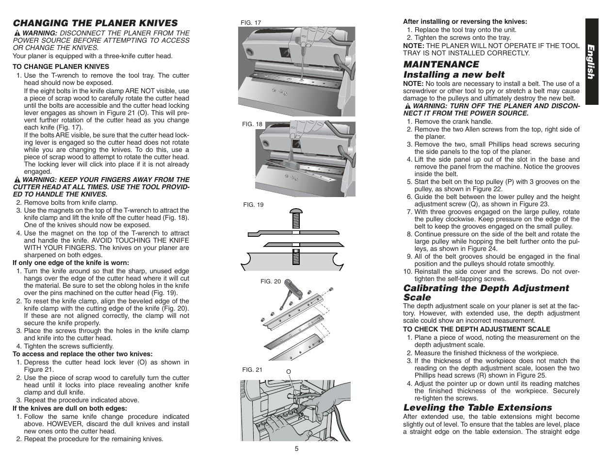 English, Changing the planer knives, Maintenance installing a new belt | Calibrating the depth adjustment scale, Leveling the table extensions | Epson DW734 User Manual | Page 7 / 25