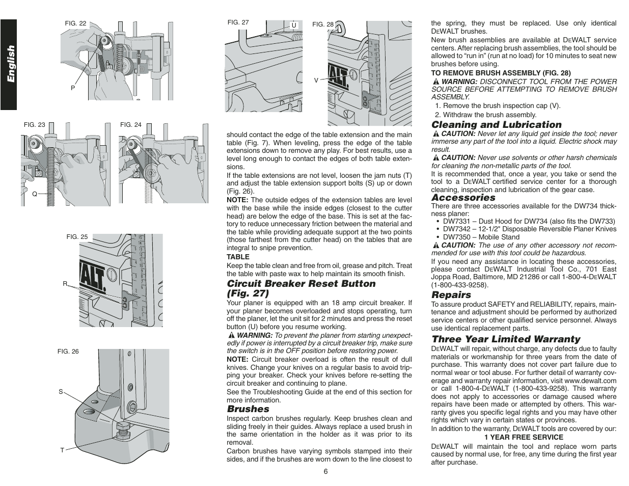 English, Circuit breaker reset button (fig. 27), Brushes | Cleaning and lubrication, Accessories, Repairs, Three year limited warranty | Epson DW734 User Manual | Page 8 / 25