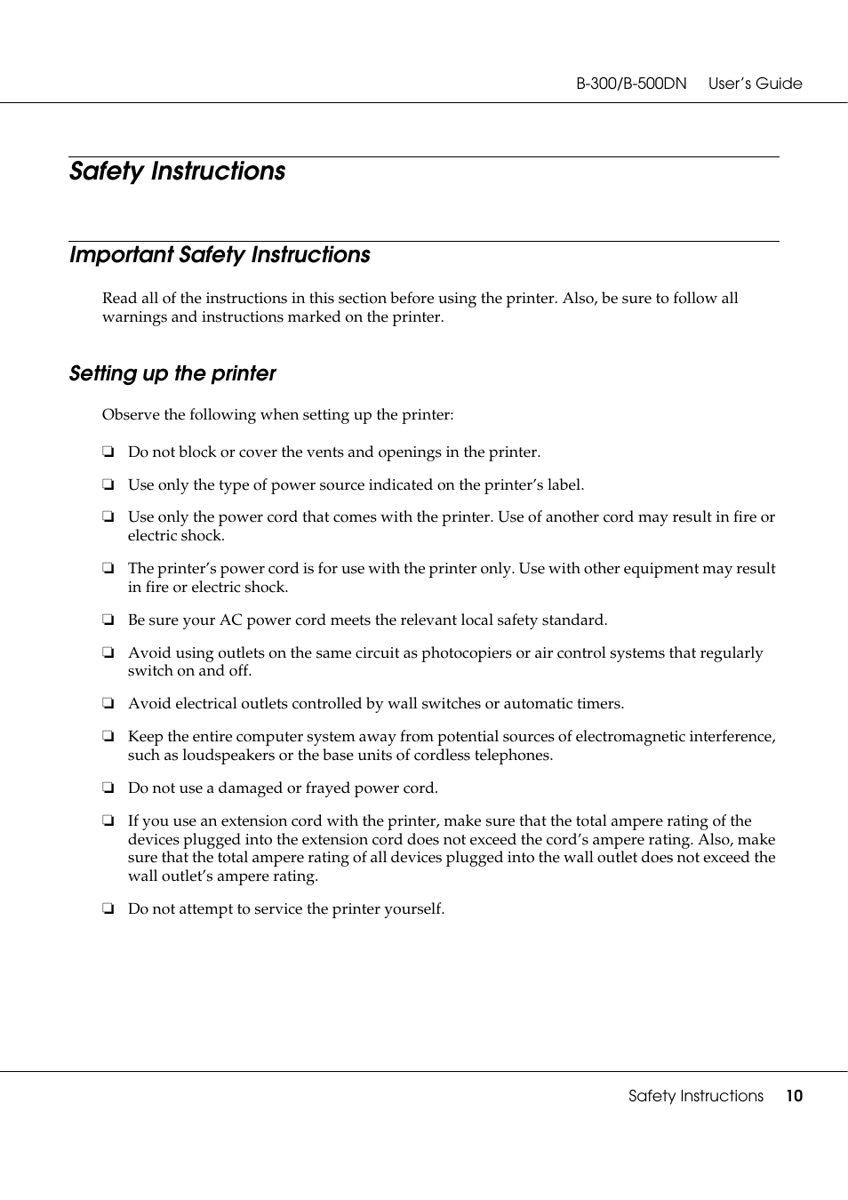 Safety instructions, Important safety instructions, Setting up the printer | Epson B 500DN User Manual | Page 10 / 168