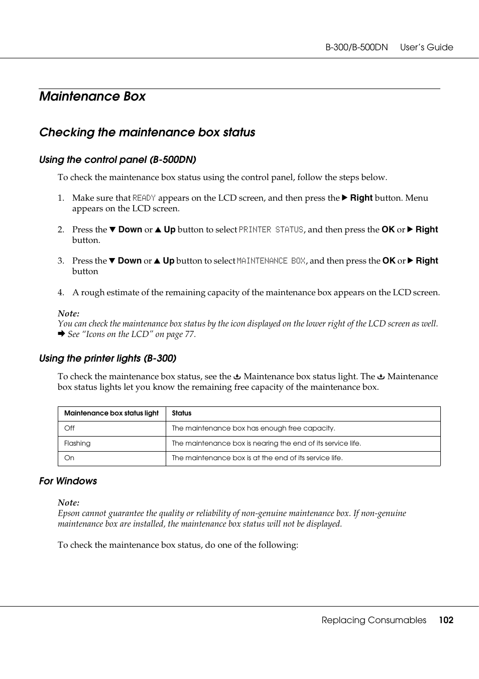 Maintenance box, Checking the maintenance box status | Epson B 500DN User Manual | Page 102 / 168