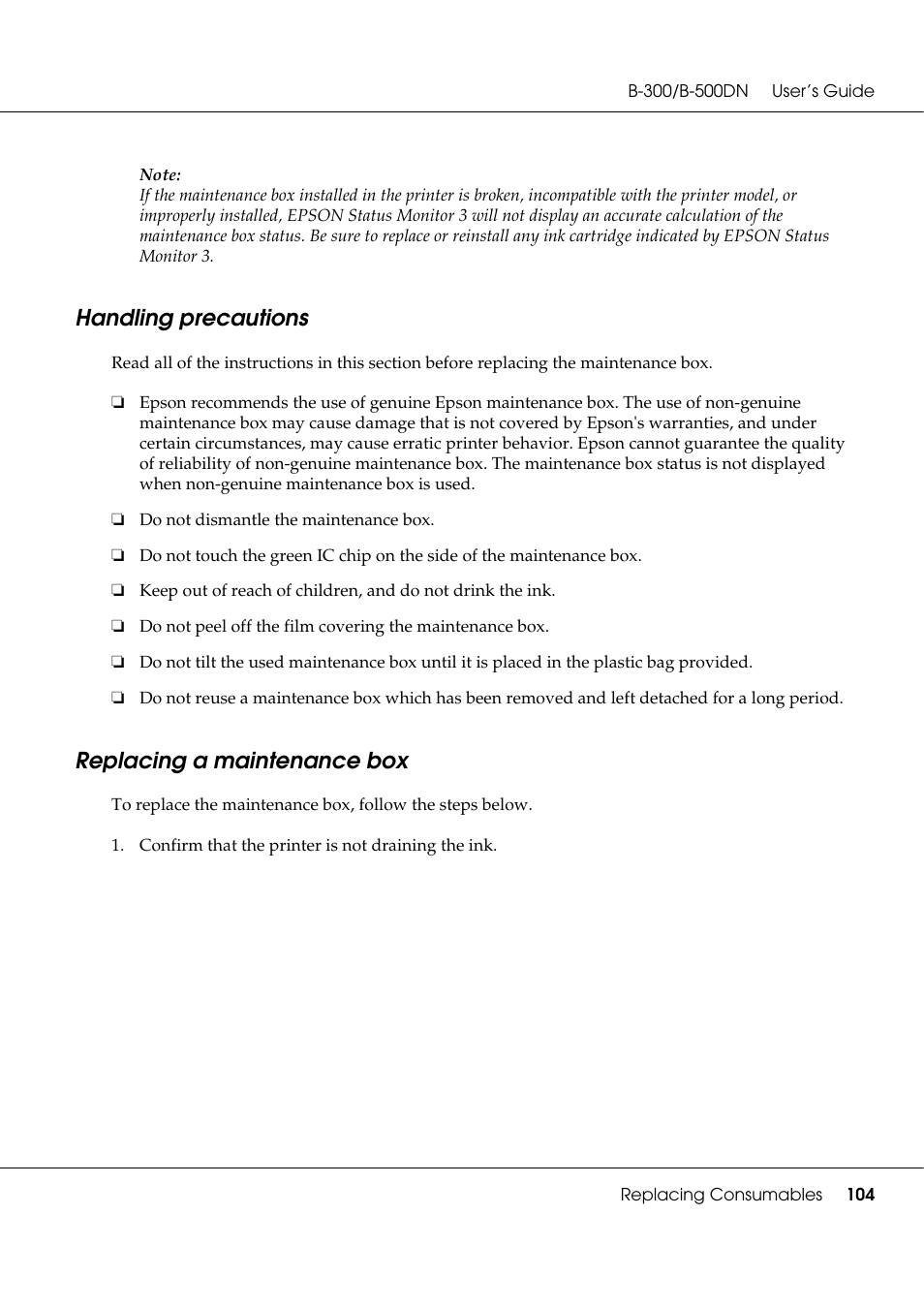 Handling precautions, Replacing a maintenance box, Handling precautions replacing a maintenance box | See “replacing a maintenance box | Epson B 500DN User Manual | Page 104 / 168