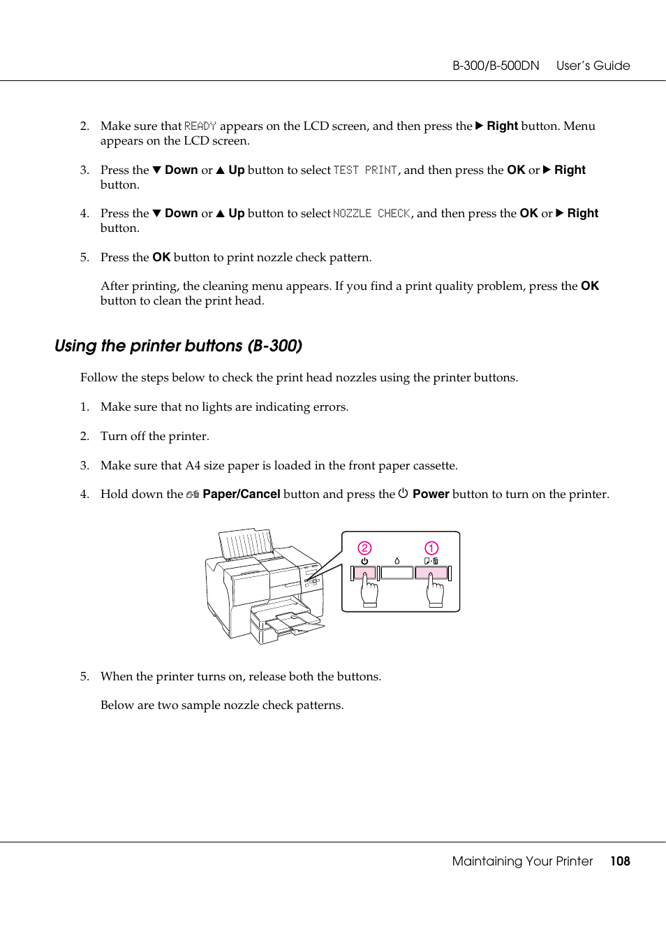 Using the printer buttons (b-300) | Epson B 500DN User Manual | Page 108 / 168