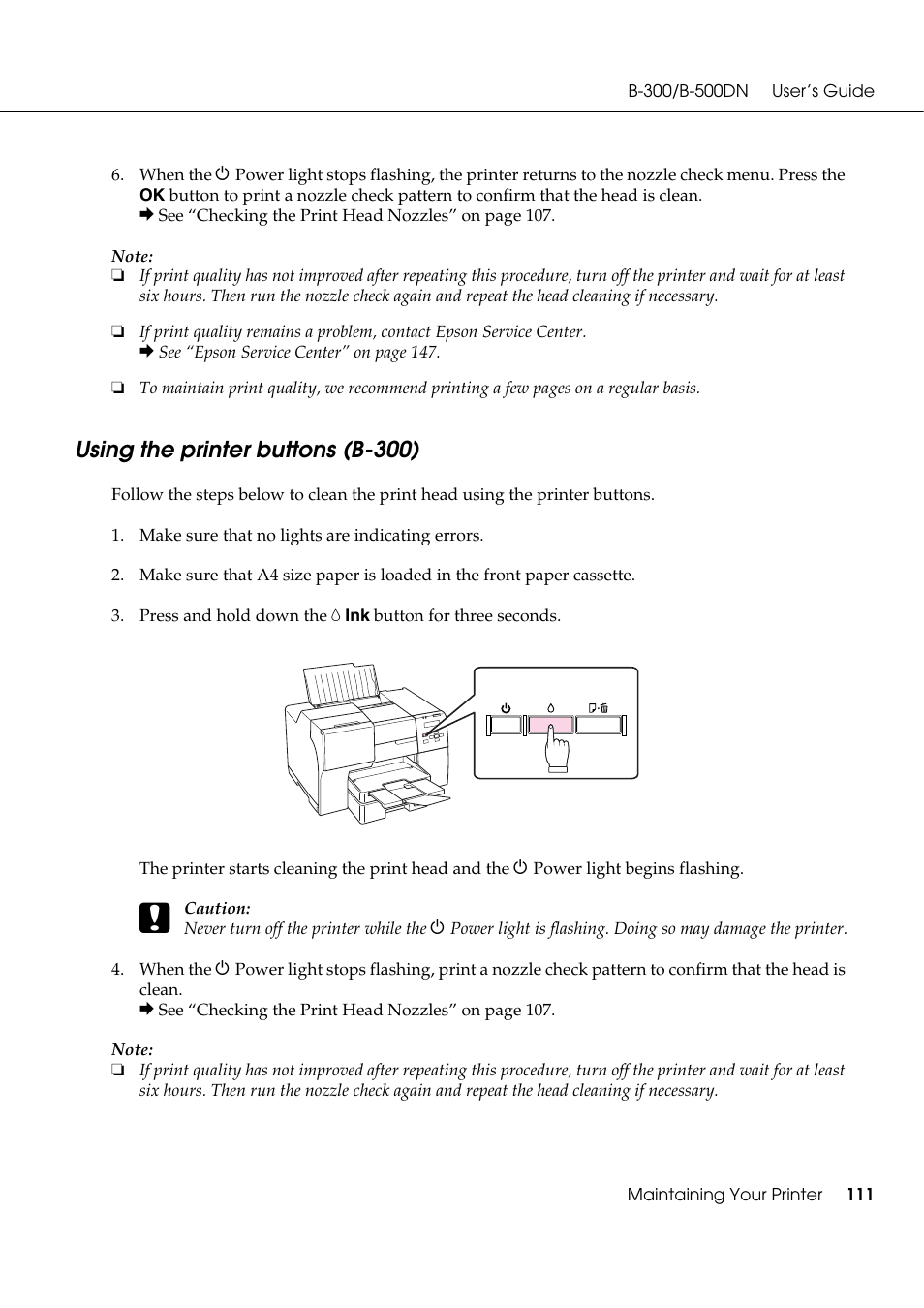 Using the printer buttons (b-300) | Epson B 500DN User Manual | Page 111 / 168