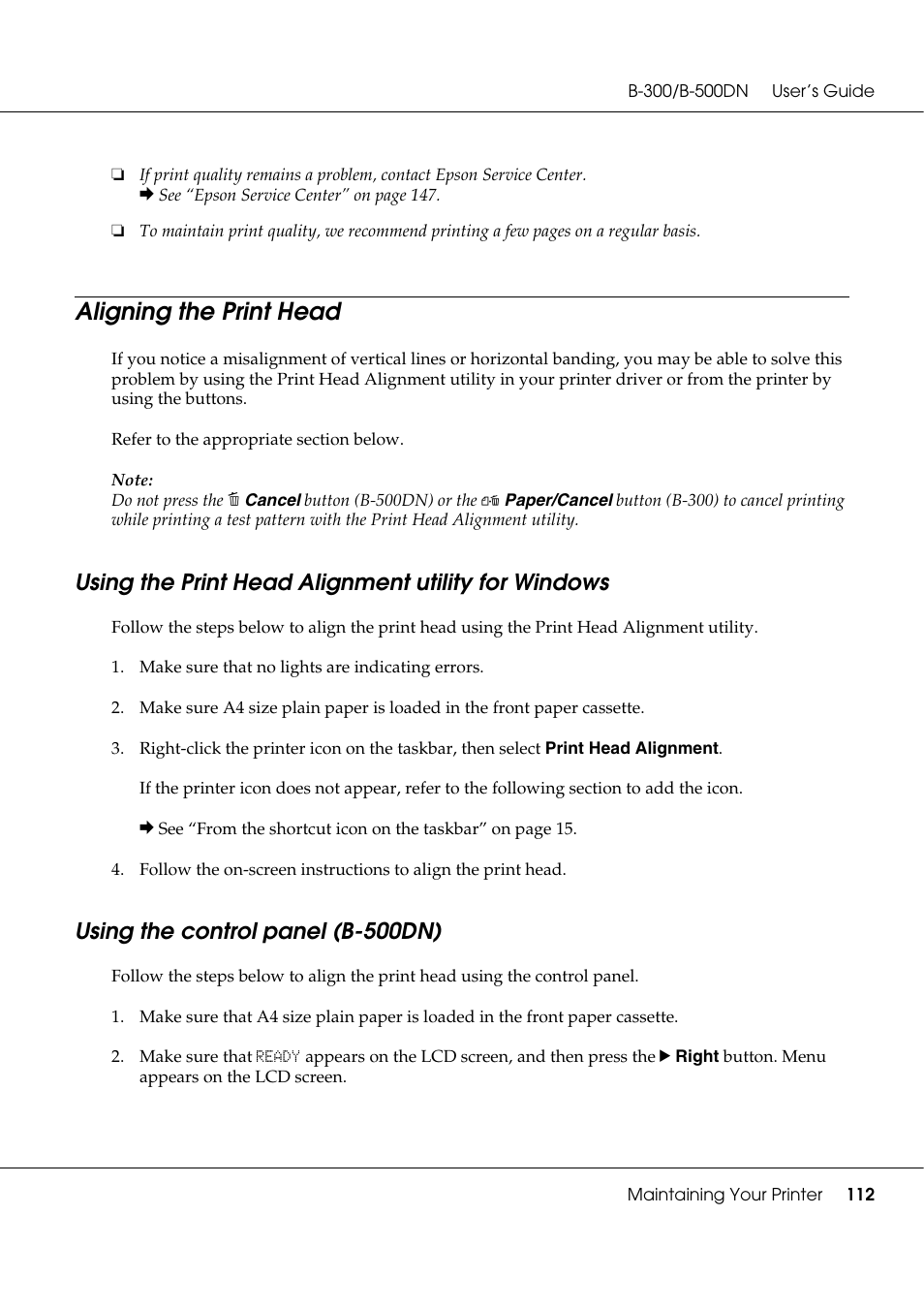 Aligning the print head, Using the print head alignment utility for windows, Using the control panel (b-500dn) | Epson B 500DN User Manual | Page 112 / 168