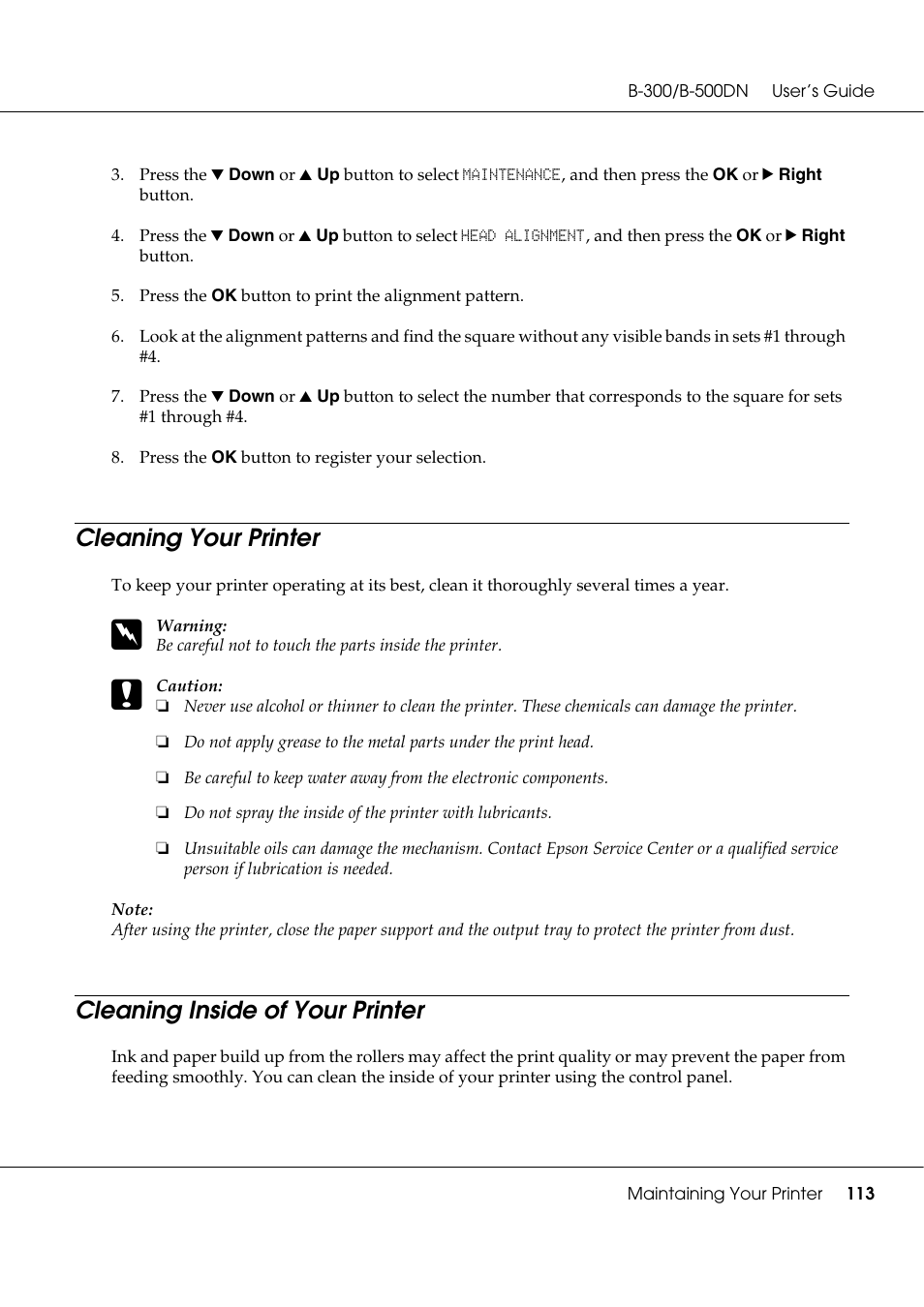 Cleaning your printer, Cleaning inside of your printer | Epson B 500DN User Manual | Page 113 / 168