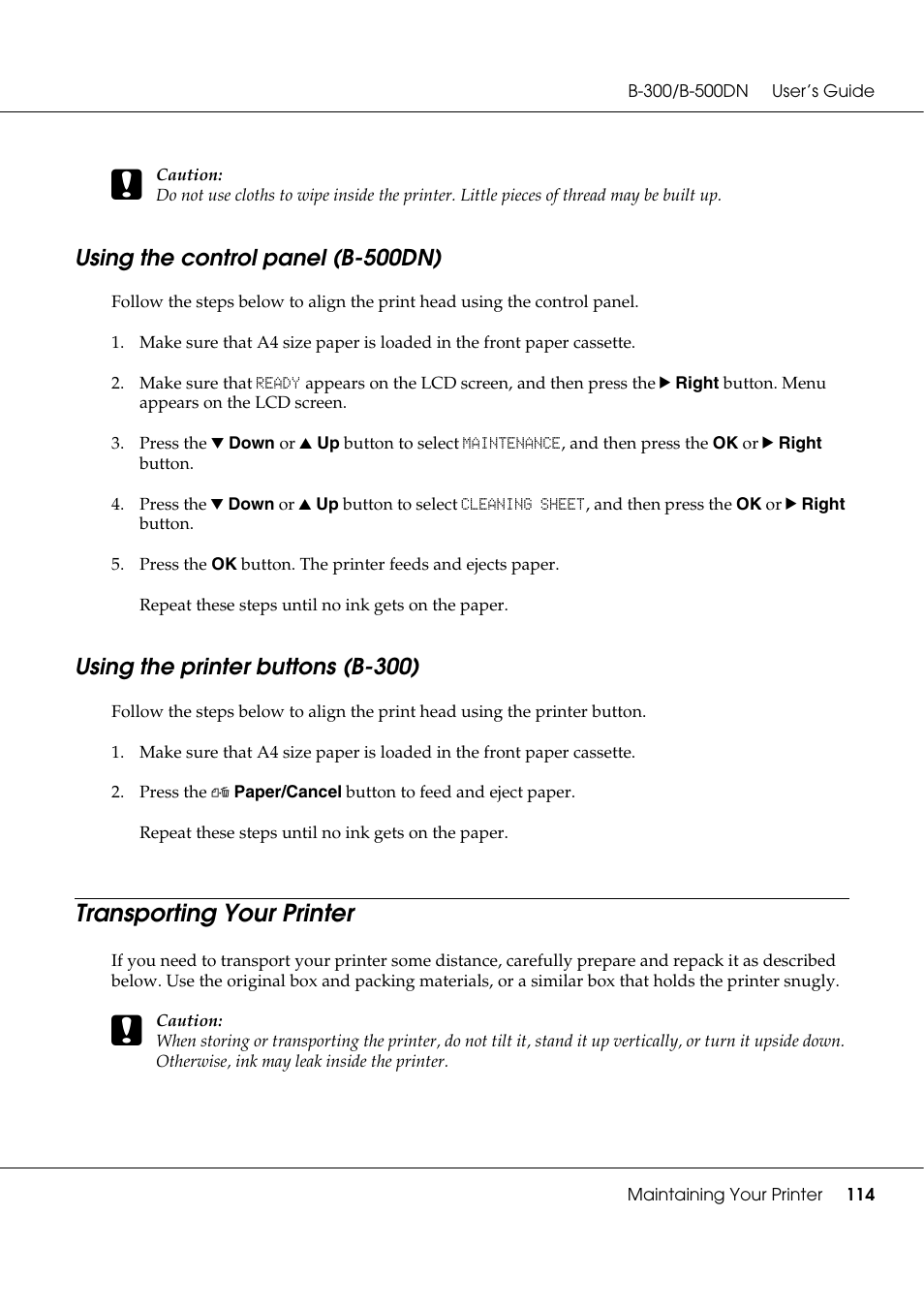 Using the control panel (b-500dn), Using the printer buttons (b-300), Transporting your printer | Epson B 500DN User Manual | Page 114 / 168