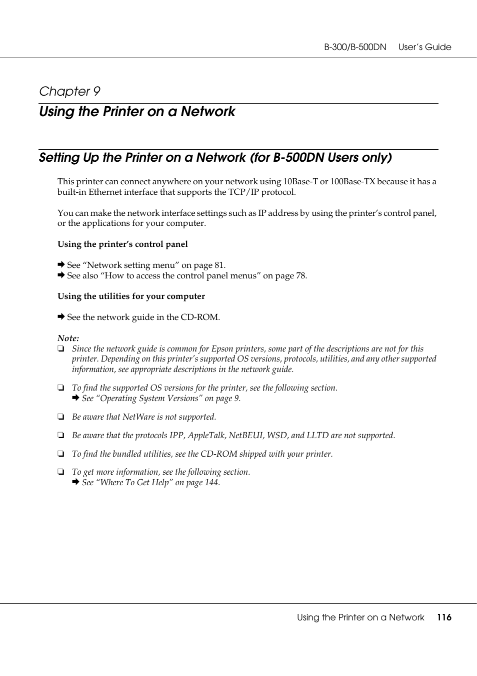 Using the printer on a network, Chapter 9 | Epson B 500DN User Manual | Page 116 / 168
