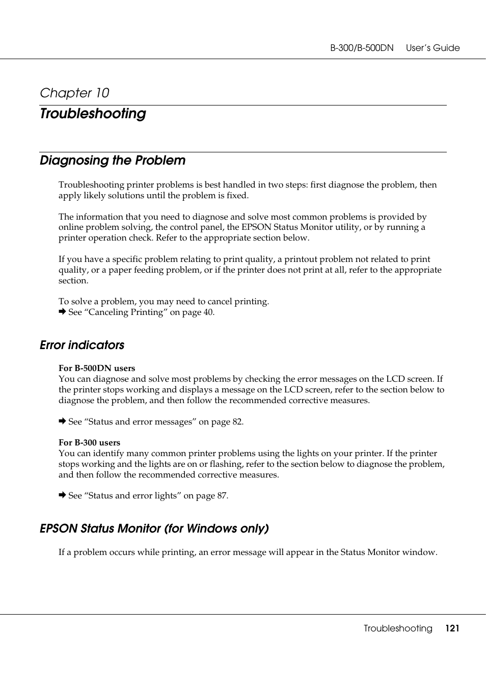 Troubleshooting, Diagnosing the problem, Error indicators | Epson status monitor (for windows only), Chapter 10 | Epson B 500DN User Manual | Page 121 / 168