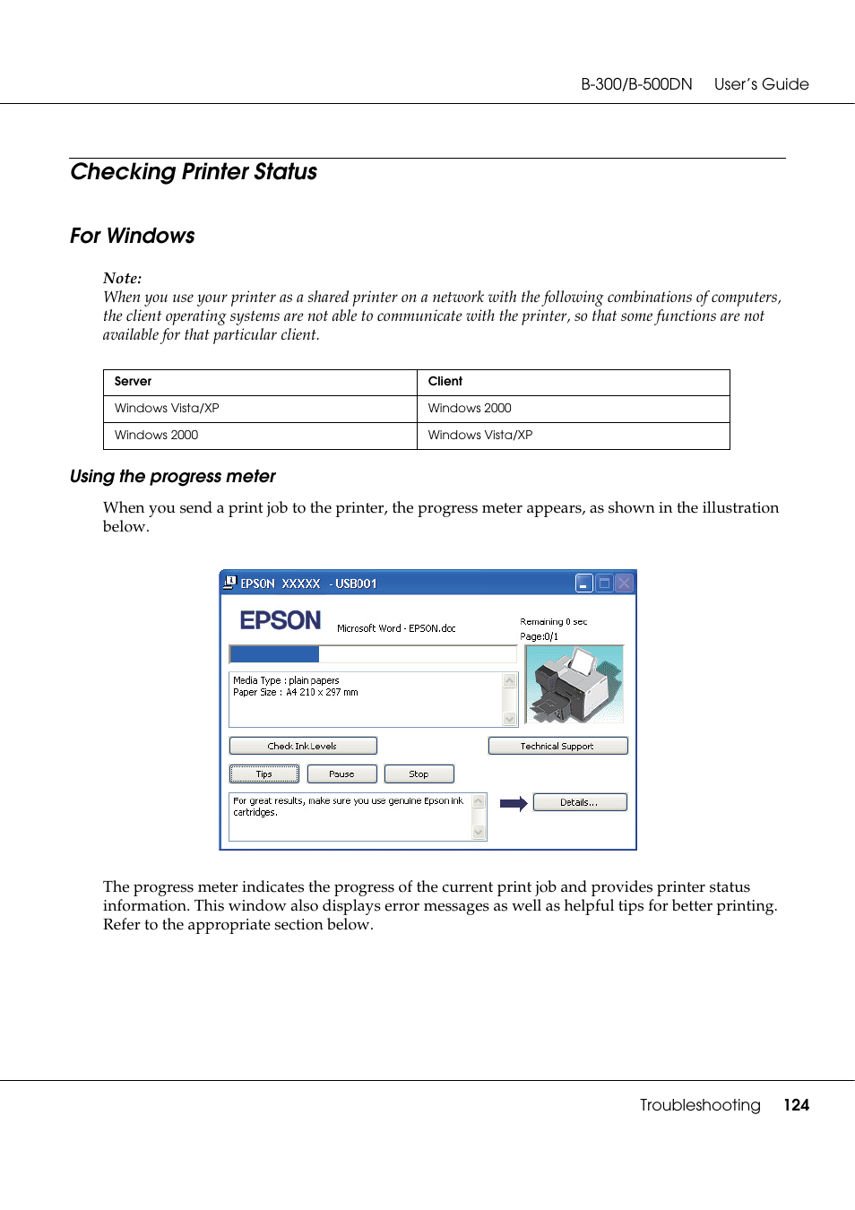 Checking printer status, For windows | Epson B 500DN User Manual | Page 124 / 168