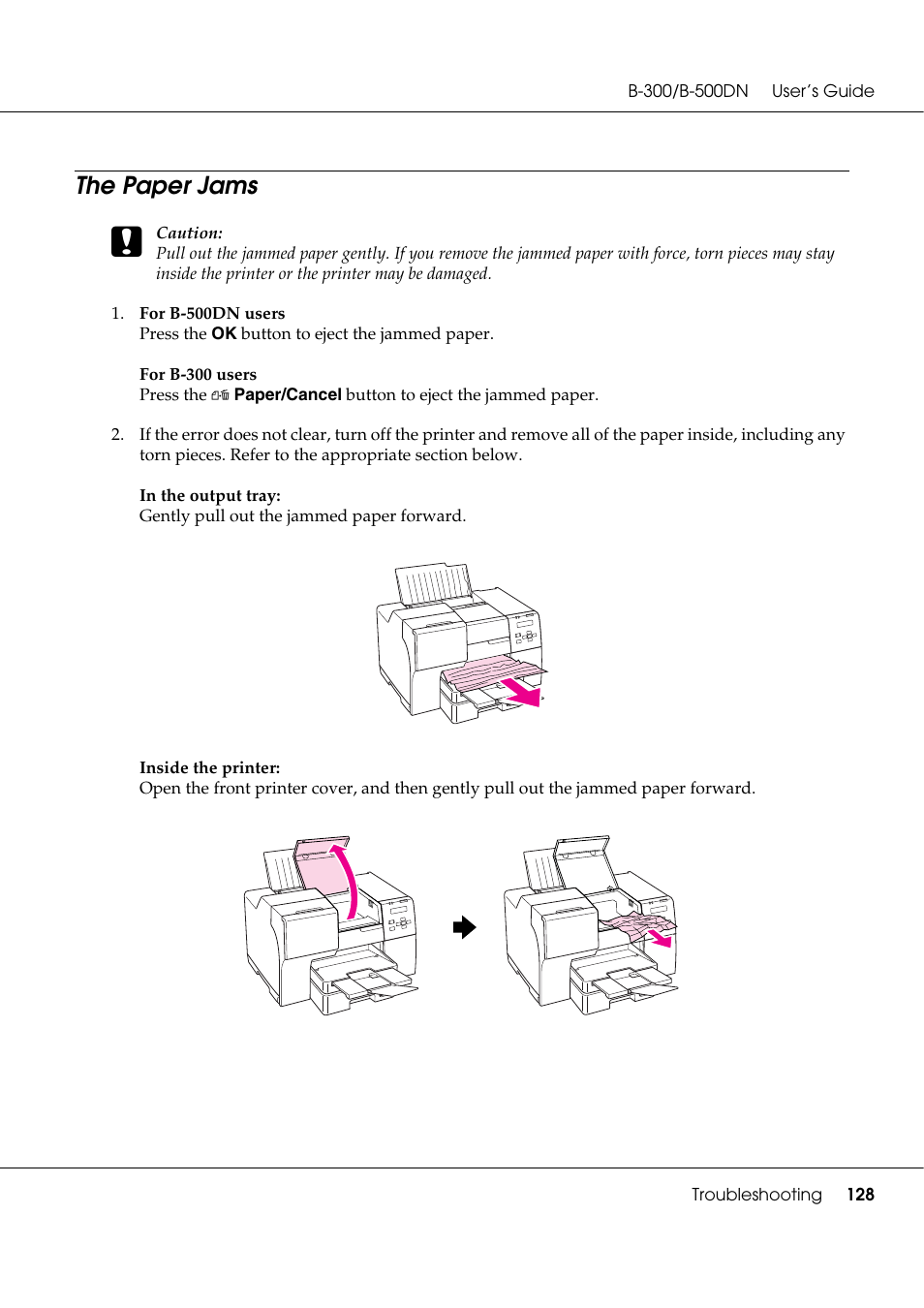 The paper jams | Epson B 500DN User Manual | Page 128 / 168