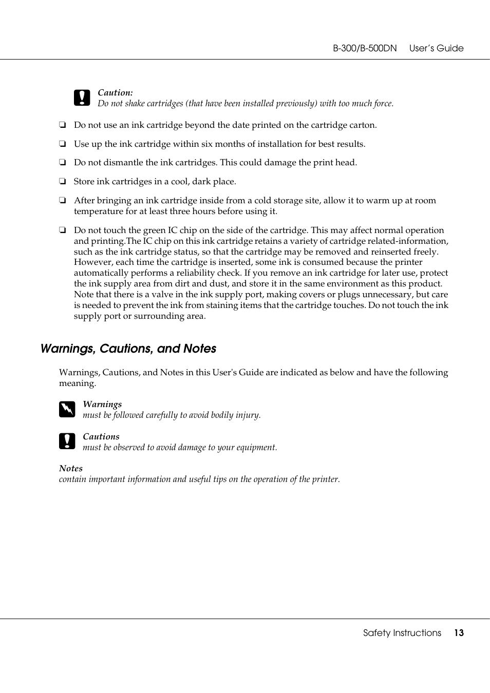 Warnings, cautions, and notes | Epson B 500DN User Manual | Page 13 / 168