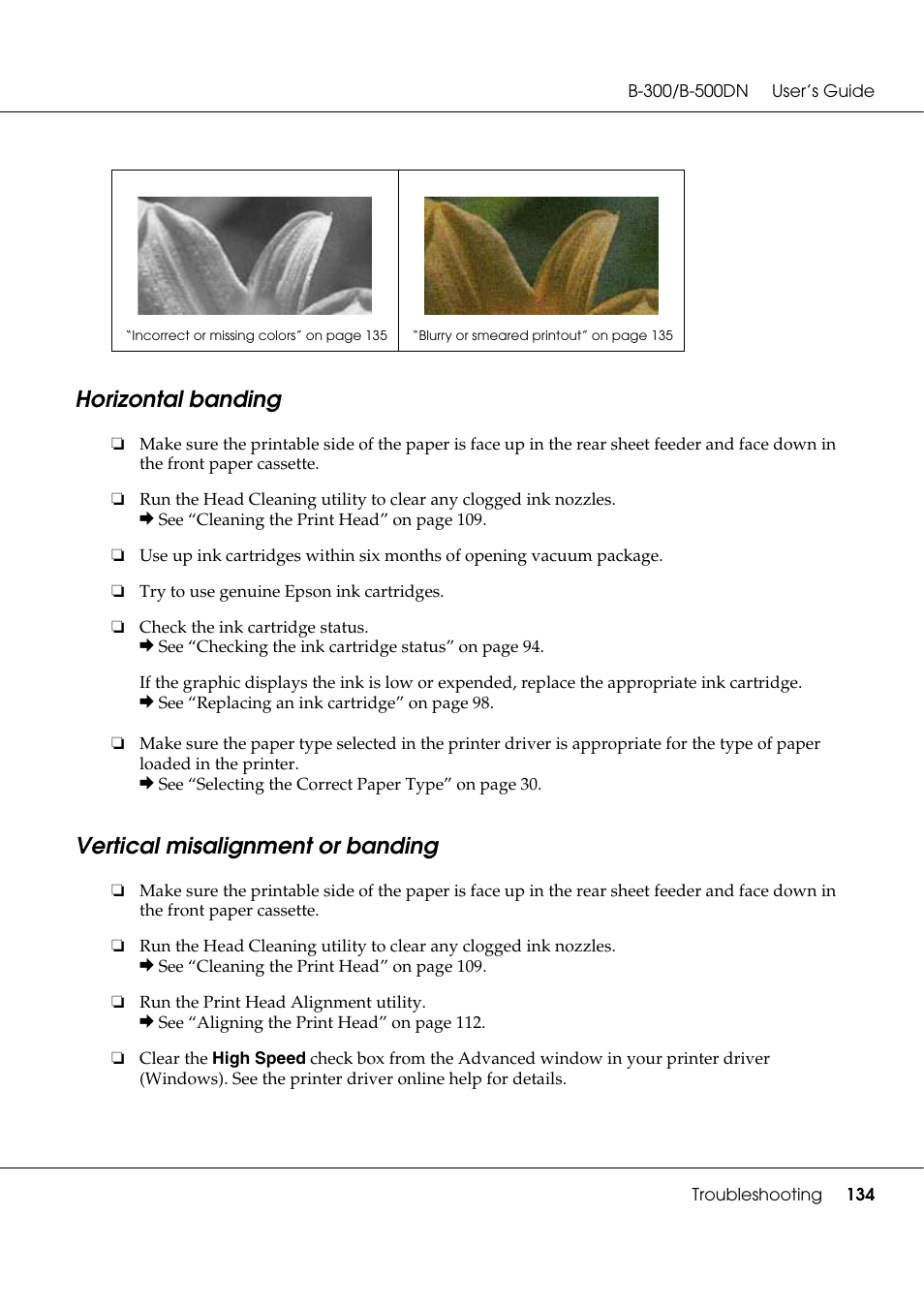 Horizontal banding, Vertical misalignment or banding, Vertical misalignment or banding” on | Epson B 500DN User Manual | Page 134 / 168