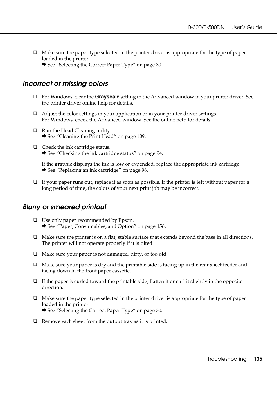 Incorrect or missing colors, Blurry or smeared printout | Epson B 500DN User Manual | Page 135 / 168