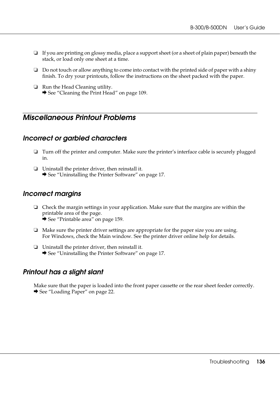 Miscellaneous printout problems, Incorrect or garbled characters, Incorrect margins | Printout has a slight slant | Epson B 500DN User Manual | Page 136 / 168