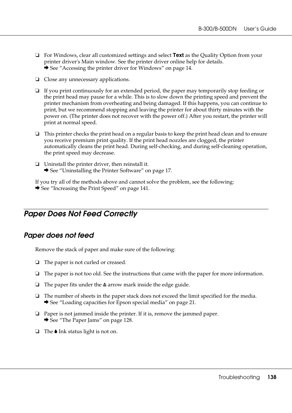 Paper does not feed correctly, Paper does not feed | Epson B 500DN User Manual | Page 138 / 168