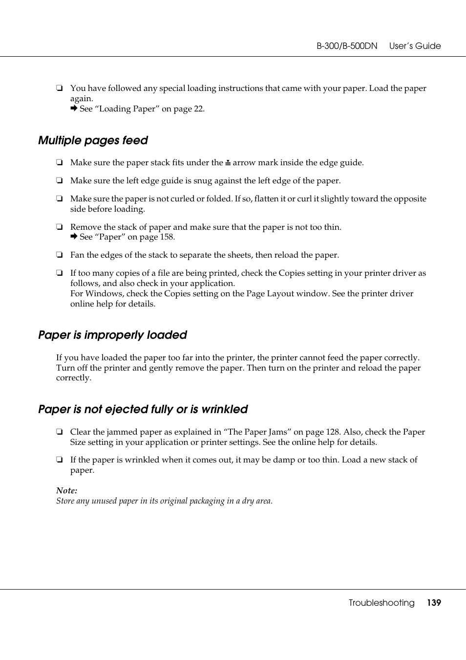 Paper is improperly loaded, Paper is not ejected fully or is wrinkled, Multiple pages feed | Epson B 500DN User Manual | Page 139 / 168