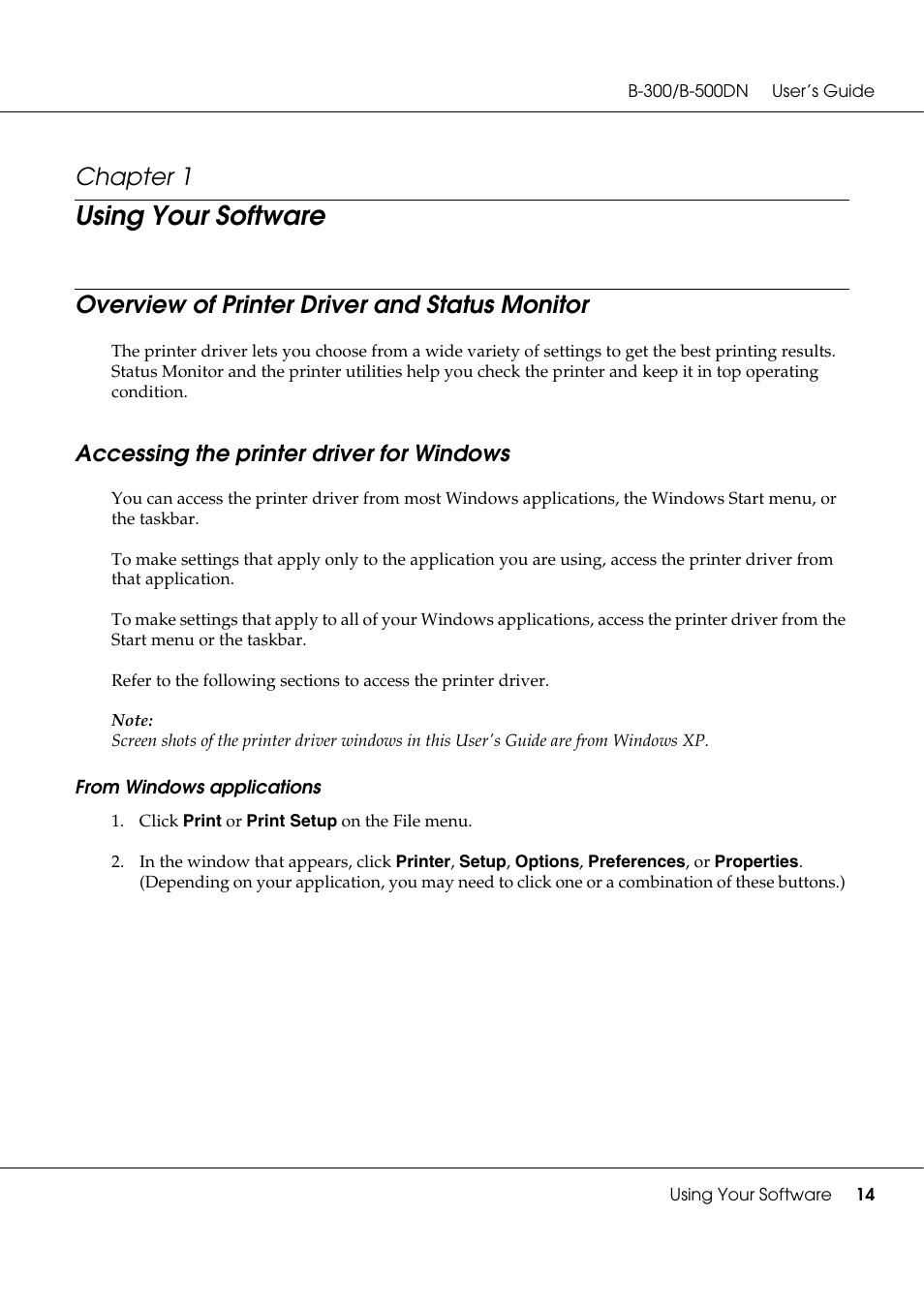 Using your software, Overview of printer driver and status monitor, Accessing the printer driver for windows | Chapter 1 | Epson B 500DN User Manual | Page 14 / 168