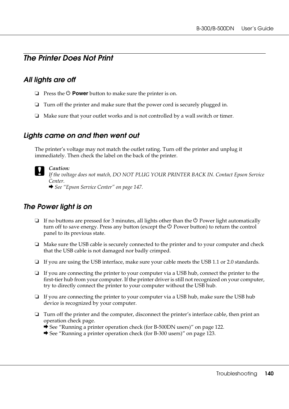 The printer does not print, All lights are off, Lights came on and then went out | The power light is on | Epson B 500DN User Manual | Page 140 / 168